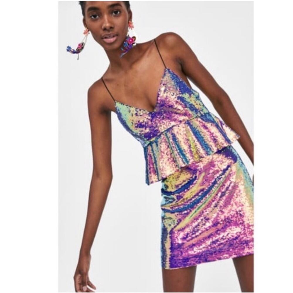 Zara Multicolor Sequin Mermaidcore Peplum Mini Dress | M